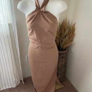 Commense Crisscross Cutout Halter Split Knit Tan Long Maxi Dress Size Small